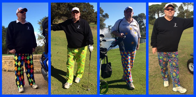 David in four different golfing poses wearing various brightly coloured golfing trousers