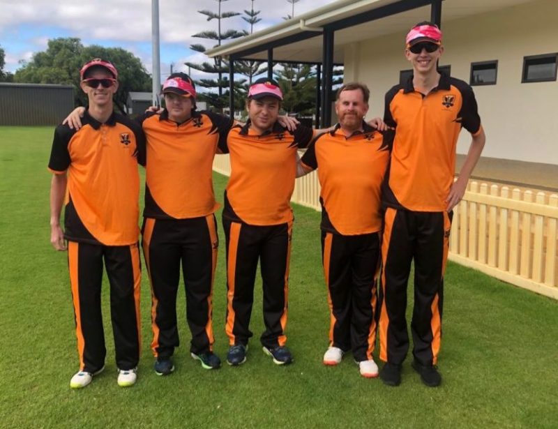 Five cricket players stand next to each other from left to right Meet, from left to right, Matt Cameron, Bradley Brider, Steffan Nero, Ryan Honschooten,and Michael Berg.