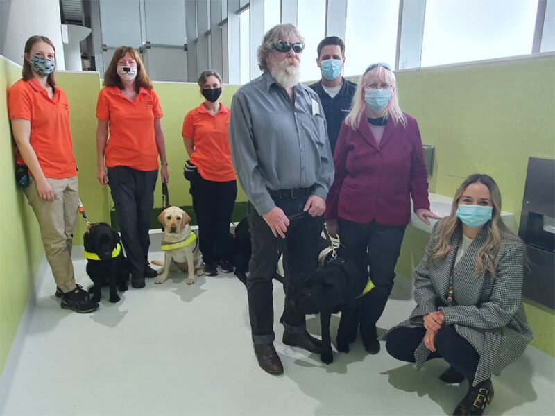 Guide Dogs WA, a Guide Dog Handler Greg Madson with wife Erika and David along with Customer Experience manager Emily O'Connell stand in the new facility