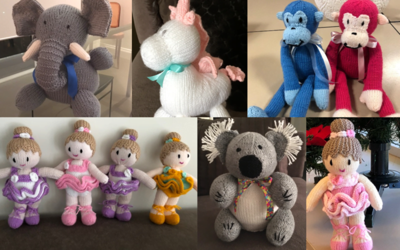 Montage of knitted soft toys from left to right clockwise, elephant, unicorn, two monkeys, four ballerinas, koala and solo ballerina