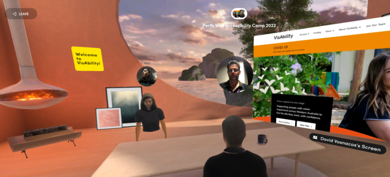 Virtual reality scene showing two people and screenshare of VisAbility website