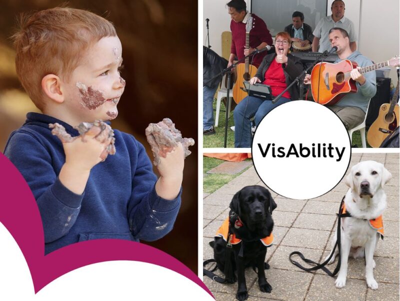 Three different pictures showing child wth mud, the VisAbility band Grand Delusions and two Guide Dogs.