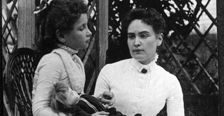 Young Helen Keller and her teacher Anne Sullivan.